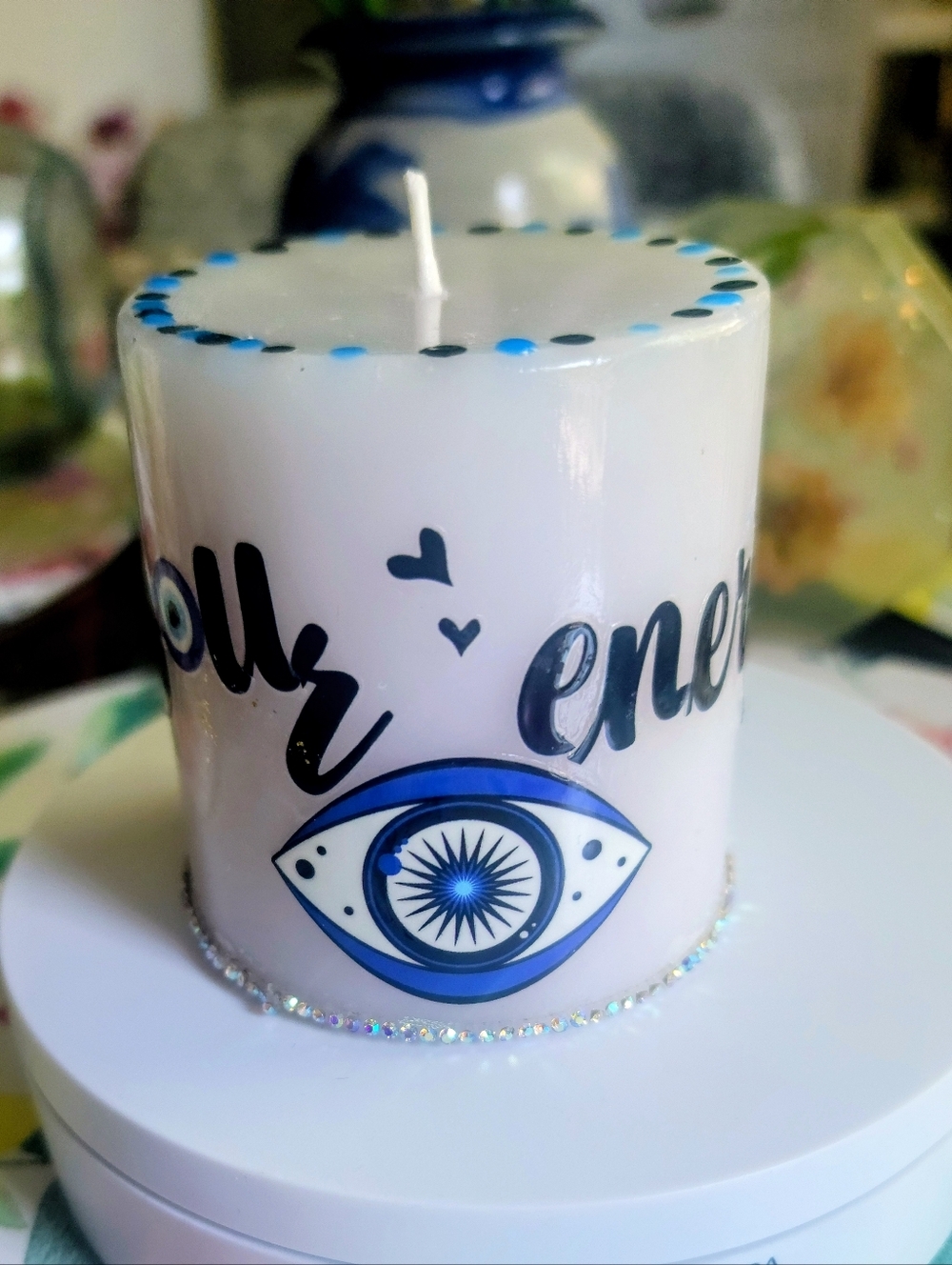 White Decorative Candle with Blue Evil Eye Design- 3" x 3" Protect your energy